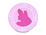 Bright Pink Tile, Round 2 x 2 with Bottom Stud Holder with Magenta Aurora Silhouette, Gold Tiara, and White Roses and Thorns Pattern