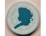 Light Aqua Tile, Round 2 x 2 with Bottom Stud Holder with Dark Turquoise Elsa Silhouette and White Frame and Sparkles / Stars Pattern