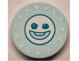 Light Aqua Tile, Round 2 x 2 with Bottom Stud Holder with Dark Turquoise Snowgie Face and White Sparkles / Stars Pattern