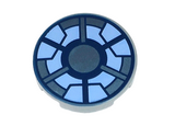 Light Bluish Gray Tile, Round 2 x 2 with Bottom Stud Holder with Dark Blue, Metallic Light Blue, and Bright Light Blue Arc Reactor Pattern