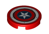 Red Tile, Round 2 x 2 with Bottom Stud Holder with Captain America Star Shield and Rivets Pattern