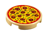 Tan Tile, Round 2 x 2 with Bottom Stud Holder with Sliced Pizza with Red Tomato Sauce, Yellow Cheese, Dark Red Pepperoni, Black Olives, and Green Bell Peppers Pattern