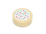 Tan Tile, Round 1 x 1 with Cookie with White Frosting and Red and Green Sprinkles Pattern