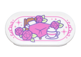 White Tile, Round 2 x 4 Oval with Dark Pink Bed, Roses, Sparkles and Striped Tea Cup Pattern