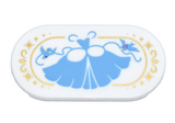 White Tile, Round 2 x 4 Oval with Medium Blue Ball Gown, Birds, and Ribbons, Gold Border and Sparkles Pattern