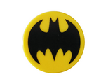 Yellow Tile, Round 2 x 2 with Bottom Stud Holder with Black Bat Batman Logo Pattern