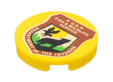 Yellow Tile, Round 2 x 2 with Bottom Stud Holder with Reddish Brown Shield, Black Wolf, Bird, 'U.S. FISH & WILDLIFE SERVICE DEPARTMENT OF THE INTERIOR' Pattern