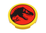 Yellow Tile, Round 2 x 2 with Bottom Stud Holder with Black Dinosaur on Red Background (Jurassic Park Logo) Pattern