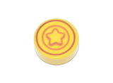 Yellow Tile, Round 1 x 1 with Dark Orange and Medium Nougat Star and Concentric Circles Pattern (Animal Crossing Bell)