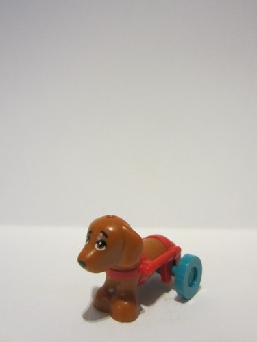 lego 2023 animal 100559pb03c01 Dog Dark Orange, Friends, Dachshund with Red Wheelchair Harness with Dark Turquoise Wheels (Pickle) 