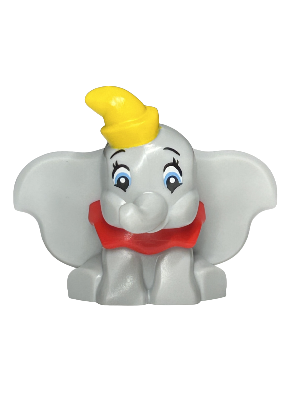 lego 2023 animal 103710pb01 Elephant Light Bluish Gray, Big Ears, Sitting with Molded Red Bottom Tube and Collar and Printed Yellow Hat, Medium Blue and White Eyes and Black Eyebrows and Eyelashes Pattern (Dumbo) 