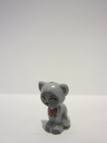 lego 2023 animal 11602pb14 Cat Light Bluish Gray, Friends / Elves, Sitting with Red Bow, Black Nose and Closed Eyes, Dark Bluish Gray Ears, and Patches Pattern (Gertrude) 