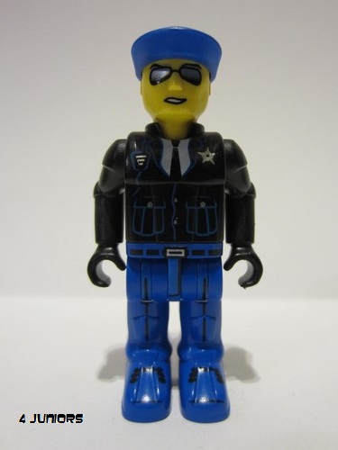 lego 2001 mini figurine js012 Police Blue Legs, Black Jacket, Blue Cap with Star, Sunglasses 