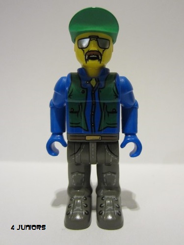 lego 2003 mini figurine 4j003a Construction Worker With Blue Shirt, Green Vest and Cap with the Word 'Brick', Sunglasses and Moustache 