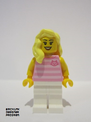 lego 2019 mini figurine bdp018 Skyline Express Woman Bright Pink Striped Top with Cat Head, White Legs, Bright Light Yellow Hair 