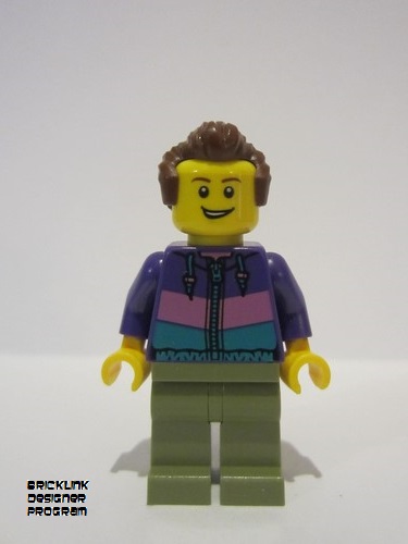 lego 2019 mini figurine bdp020 Skyline Express Man Dark Purple Jacket, Olive Green Legs, Reddish Brown Hair 
