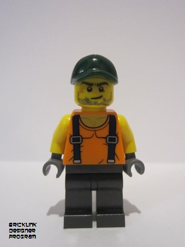 lego 2019 mini figurine bdp021 Skyline Express Man Orange Shirt with Suspenders, Pearl Dark Gray Legs, Dark Green Cap 