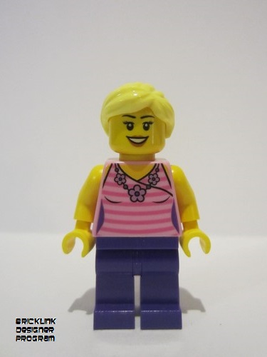 lego 2022 mini figurine adp037 Citizen Female, Dark Pink Striped Top, Dark Purple Legs, Bright Light Yellow Ponytail 