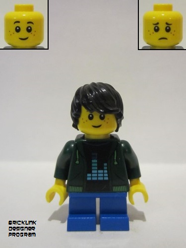 lego 2022 mini figurine bdp034 Boy Dark Green Hoodie with Bright Green Drawstrings, Blue Short Legs, Black Tousled Hair 