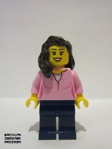 lego 2022 mini figurine bdp035 Citizen Female, Bright Pink Top, Dark Blue Legs, Dark Brown Hair 