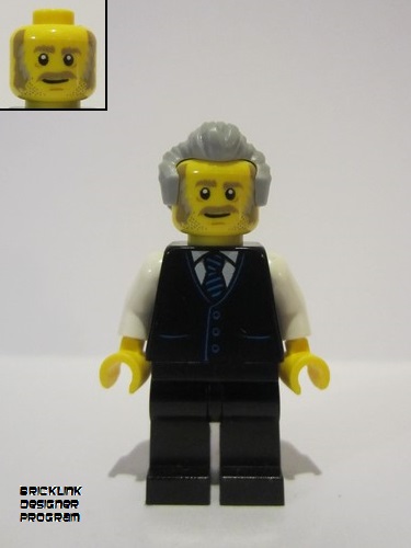 lego 2022 mini figurine bdp040 Receptionist Male, Black Vest with Blue Striped Tie, Black Legs, Light Bluish Gray Hair 