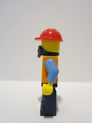 lego 2023 mini figurine adp059 Construction Worker Male, Orange Safety Vest with Reflective Stripes, Dark Blue Legs, Red Construction Helmet, Black Bandana 