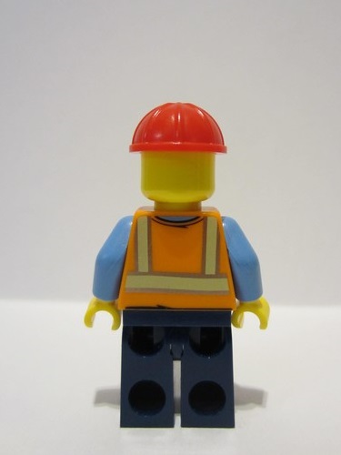 lego 2023 mini figurine adp060 Construction Worker Male, Orange Safety Vest with Reflective Stripes, Dark Blue Legs, Red Construction Helmet, Smirk 