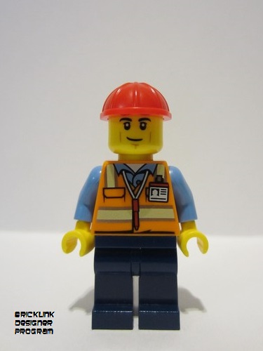 lego 2023 mini figurine adp060 Construction Worker Male, Orange Safety Vest with Reflective Stripes, Dark Blue Legs, Red Construction Helmet, Smirk 