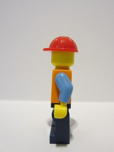 lego 2023 mini figurine adp061 Construction Worker Male, Orange Safety Vest with Reflective Stripes, Dark Blue Legs, Red Construction Helmet, Large Grin 