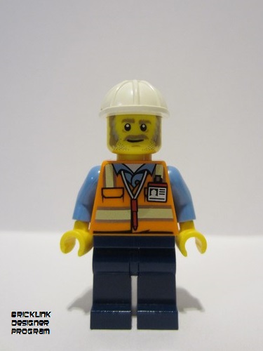 lego 2023 mini figurine adp063 Construction Foreman Male, Orange Safety Vest with Reflective Stripes, Dark Blue Legs, White Construction Helmet 