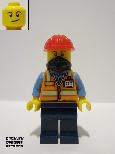 lego 2023 mini figurine bdp059 Construction Worker Male, Orange Safety Vest with Reflective Stripes, Dark Blue Legs, Red Construction Helmet, Black Bandana 