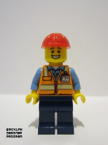lego 2023 mini figurine bdp061 Construction Worker Male, Orange Safety Vest with Reflective Stripes, Dark Blue Legs, Red Construction Helmet, Large Grin 