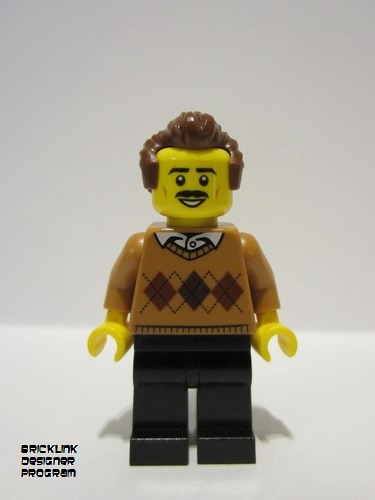 lego 2023 mini figurine bdp065 Winter Chalet Owner Male, Medium Nougat Argyle Sweater, Black Legs, Reddish Brown Hair 