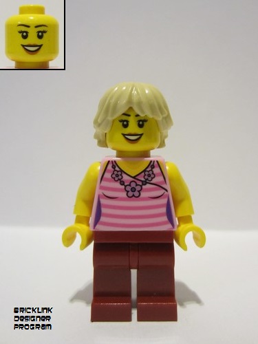 lego 2023 mini figurine bdp071 Girlfriend Dark Pink Striped Top, Dark Red Legs, Tan Tousled Hair 