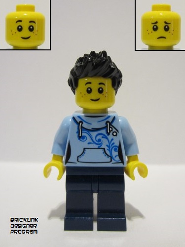 lego 2023 mini figurine bdp074 Exhibition Staff Male, Bright Light Blue Hoodie, Dark Blue Legs 
