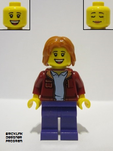 lego 2023 mini figurine bdp078 Visitor Female, Dark Red Jacket, Dark Purple Legs 