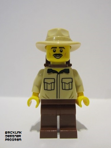 lego 2023 mini figurine bdp084 Traveler Male, Tan Shirt, Reddish Brown Legs, Reddish Brown Backpack, Tan Fedora Hat 