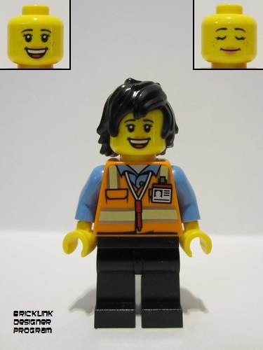 lego 2023 mini figurine bdp086 Train Driver Female, Orange Safety Vest with Reflective Stripes, Black Legs, Black Hair 