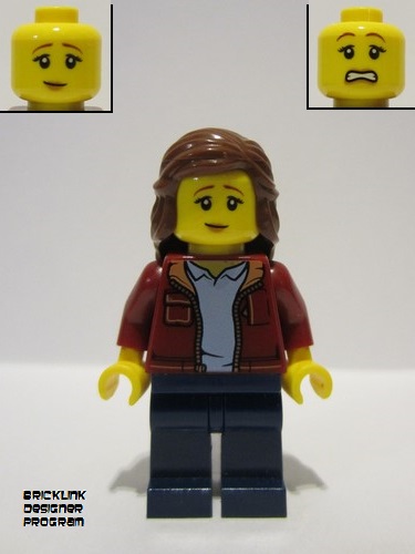 lego 2023 mini figurine bdp088 Traveler Female, Dark Red Jacket with Bright Light Blue Shirt, Dark Blue Legs, Reddish Brown Hair 