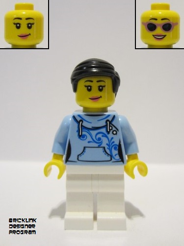 lego 2023 mini figurine bdp092 Traveler Female, Bright Light Blue Hoodie, White Legs, Black Hair 
