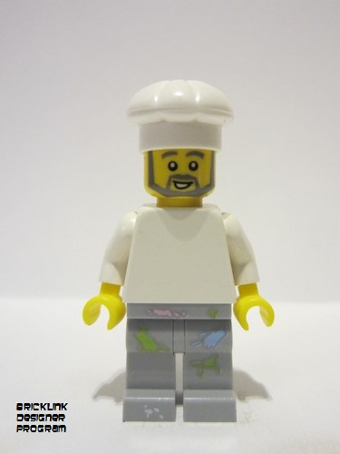 lego 2023 mini figurine bdp095 1950s Diner Chef Plain White Torso, Light Bluish Gray Legs with Paint Splotches, White Chef Toque 