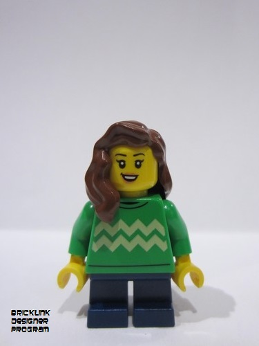 lego 2024 mini figurine adp110 Child Girl, Bright Green Sweater with Bright Light Yellow Zigzag Lines, Dark Blue Short Legs, Reddish Brown Hair over Shoulder 