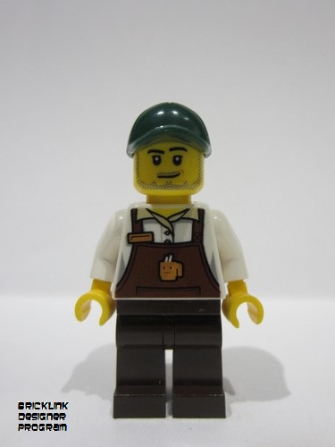 lego 2024 mini figurine adp111 Bakery / Boulangerie Owner Reddish Brown Apron with Cup and Name Tag, Dark Brown Legs, Dark Green Cap 