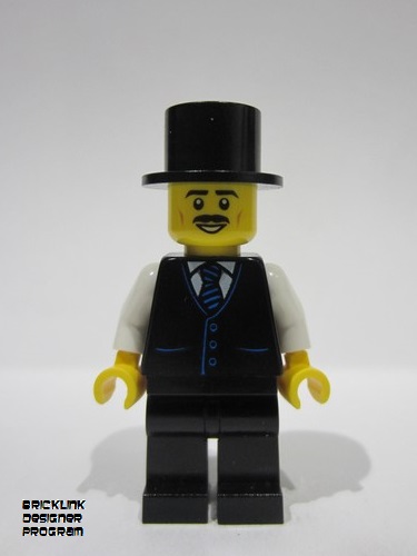 lego 2024 mini figurine adp112 Tourist Male, Black Vest with Blue Striped Tie, Black Legs, Black Top Hat, Moustache 