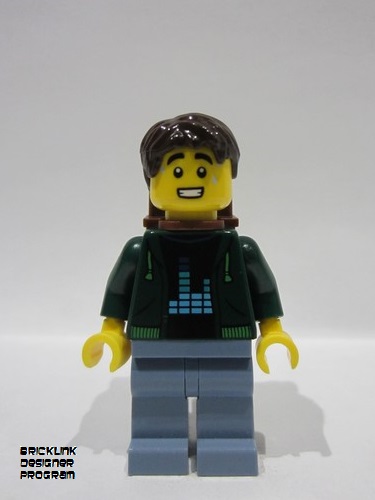 lego 2024 mini figurine adp130 Traveler Male, Dark Green Hoodie, Sand Blue Legs, Dark Brown Short Tousled Hair, Backpack 