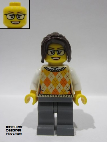 lego 2024 mini figurine bdp129 Ticket Vendor Female, Tan Knit Argyle Sweater Vest, Dark Bluish Gray Legs, Dark Brown Hair Ponytail Long with Side Bangs, Glasses 