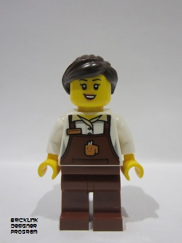 lego 2024 mini figurine bdp132 Barkeeper Female, Reddish Brown Apron with Cup and Name Tag, Reddish Brown Legs, Dark Brown Hair Ponytail and Swept Sideways Fringe 