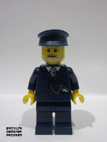 lego 2024 mini figurine bdp134 Train Conductor Male, Dark Blue Suit and Hat, Dark Bluish Gray and Light Bluish Gray Beard 