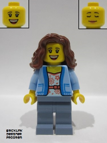 lego 2024 mini figurine bdp135 Passenger Female, Bright Light Blue Jacket over White Shirt with Coral Flowers, Sand Blue Legs, Reddish Brown Wavy Hair 