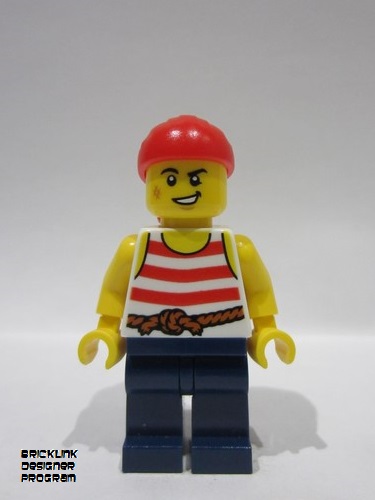 lego 2024 mini figurine bdp144 Pirate Male, White Shirt with Red Stripes, Dark Blue Legs, Red Bandana 